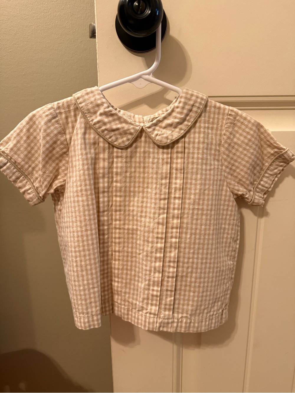 Oaks Apparel Beige Gingham Peter Pan Collar Top